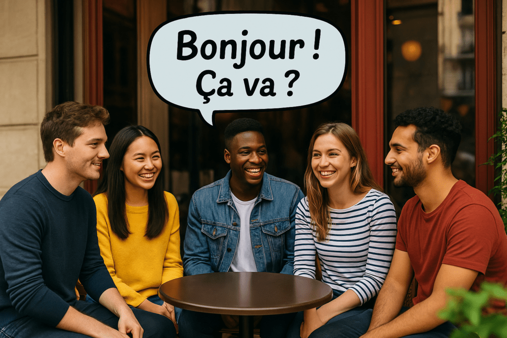 international students speaking French in a coffee